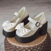 Sapatos de Salto Alto com Laço Doce de Camada Única Femininos de Verão Mary Jane Vintage Salto Grosso Estilo Japonês Sapatos Pequenos de Couro