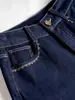 Venda direta da fábrica de jeans novos azul escuro, cor original, de perna larga para mulheres, com elasticidade em quatro direções, cintura alta, modelagem solta, efeito emagrecedor e design de perna reta com detalhes bordados.