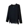 Tamanho Plus Tencel Algodão Renda Guarnição Patchwork Gola Redonda Solto Manga Longa Camada Base Outono Estilo Branco Casual Camiseta Top