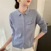 Top de estilo casual, cuello mao, camisa transpirable para mujer, suministro directo del fabricante, camisa de trabajo multibolsillos para damas