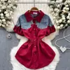 Design de Roupas Femininas Estilo Coreano Senso de Design Costura em Cor Contrastante Redutor de Idade Manga Bufante Cintura Elástica Emagrecedor Moda Camisa Top Versátil