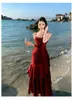 Vacaciones en la Costa Sirena Vintage Ji Volante Rojo Volante Vestido de Tirantes Vestido de Cumpleaños Cóctel