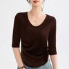 Top de Collar con Corazón Rojo Ankela para Mujer, Manga Media, Elegante Estilo Otoñal, Ceñido a la Cintura, Camiseta Básica Plisada, Camiseta Corta