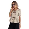 Amazon Transfronterizo Suéter con Corbata de Moño Estilo Europeo y Americano Top 2026 Verano Camisa Elegante de Bloques de Color Manga Corta para Mujer