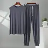 Conjunto de Dos Piezas para Hombre de Modal con Cuello Alto y Pantalones de Linterna, Traje de Casa Casual Delgado Suelto de Verano Tallas Grandes