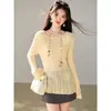 Sí, top de punto casual de manga larga con hombros descubiertos estilo coreano para mujer, top casual relajado en amarillo