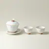 Cuenco de Porcelana Blanca de Pared Delgada de Tres Piezas con Tapa de las Dinastías Tang y Song para Uso Doméstico, Juego de Té Kung Fu de Tamaño Grande, Juego de Tazas de Té de Cerámica Estilo Chino Tradicional