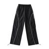 Pantalones anchos de pierna con líneas brillantes negras para mujer, ropa de trabajo de verano para mujer, pantalones casuales deportivos rectos adelgazantes estilo retro americano holgados para mujer