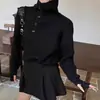 Suéter de Punto Holgado Estilo Coreano de Cuello Alto para Otoño e Invierno Estilo Perezoso con Media Botonadura Suave y Sedoso Tejido Femenino que Reduce la Edad de Punto de Manga Larga
