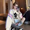 Sudadera Holgada para Mujer con Diseño de Graffiti de Líneas de Color Contrastante, Cómoda, Estampado de Dibujos Animados, Longitud Media, Estilo Occidental, Top Versátil