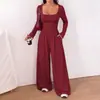 Moda Feminina Casual Europeia e Americana Cross-border E-commerce Manga Longa Bolso Calça de Pernas Largas Simples Ajustada Cor Sólida Macacão Valoriza a Silhueta