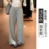 Pantalones anchos de seda de hielo estilo coreano azul marino para mujer, delgados de verano, de cintura alta, adelgazantes, casuales, rectos, para figuras petite