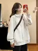Moletom cardigã feminino jaqueta com zíper modelo novo 2026 oversized solto branco e cinza com capuz para primavera, outono e inverno com forro de fleece e design espessado