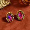 Pendientes de botón vintage estilo corte con gran gema iridiscente, pendientes exagerados de forma ovalada, accesorios de lujo ligero y elegantes, disponibles en tres colores