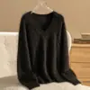 Suéter Real de Cashmere 100% Puro com Decote V Escovado para Mulheres no Outono e Inverno, Macio e Sedoso, Estilo Relaxado, Top Tricotado de Alta Qualidade e Super Bonito