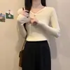 Suéter de Punto de Manga Larga con Escote en la Clavícula Estilo Coreano al por Mayor Transfronterizo para Mujer, Suéter Básico de Punto Color Sólido para Otoño e Invierno, Top con Cuello en V