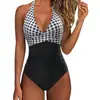 Novo Biquíni de Peça Única Moda Praia Europeu e Americano Comércio Exterior Transfronteiriço Feminino Costas Nuas Sexy de Tiras Bloco de Cores Roupa de Banho Feminina Amazon