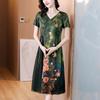 2024 verão novo verde estampa a- linha vestido elegante moda retro mãe vestido de manga curta longo para as mulheres