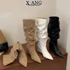 Botas plisadas apiladas de cuero suave con tacón de cuña de 7 cm, botas largas adelgazantes de punta para mujer, botas de vaquero occidentales, botas de montar