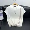 Tricô Masculino Gola Redonda Seda de Gelo Leve Luxo Listrado Casual Manga Curta Moda 2025 Camada Base Bonito Novo Verão