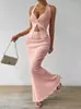 Conjunto Elegante de Dos Piezas para Mujer de Verano Transfronterizo Europeo y Americano: Crop Top Halter de Color Sólido con Delantero Retorcido y Falda Midi de Cola de Pez