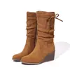 Zapatos Casuales Cómodos para Mujer con Lazo, Tacón de Cuña y Cremalleras Laterales, Botas de Montura Estilo Bohemio Occidental, Botas de Media Pantorrilla