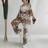 Tem Camisa Feminina Verão 2024 Nova Solta Plus Size Estampada Manga Média Calças de Perna Larga Conjunto Casual para Mulheres
