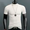 Camiseta de Algodão Puro para Homens no Verão, Camisa Básica com Gola Meia-Alta, Top de Tricô Manga Curta Slim Fit, Camiseta Lisa Manga Curta, Tendência