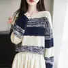 Suéter Tricotado Solto Listrado High-End 2025 Feminino Outono e Inverno Novo Estilo Cor Contrastante Casual Macio Encerado Blusa para Usar por Baixo