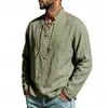 Camisa de lino para hombre de manga larga para primavera y otoño, con cuello mao y diseño de corbata cruzada, camisa casual tipo pullover para hombre