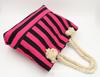 Bolsa de Playa de Algodón Rayada Rosa Roja Personalizada de Fábrica, Bolso de Lona con Cuerda Gruesa de Cáñamo para Exportación, Bolsa de Compras Rayada