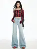 Jeans Flare Azul Vintage Fluido para Mulheres, Novo Estilo Outono 2026, Cintura Alta, Caimento Solto, Não Apertado nas Pernas, Calça Flare Emagrecedora