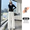 Calça larga de sarja sintética estilo "old money" marrom para mulheres, nova coleção de outono, cintura alta, com efeito de caimento, afina a silhueta, casual e relaxada, calça comprida