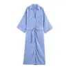 Roupas Femininas 2026 Primavera e Verão Novo Estilo Europeu e Americano Moda com Cinto Mistura de Linho Midi Reta Manga Curta Cor Sólida