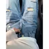 Jeans de calle rotos estilo americano para mujer, nuevos, talla grande, corte holgado, adelgazantes, versátiles, de pierna recta, largos hasta el suelo, de pierna ancha