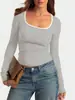 2026 Pulóver Cuello Cuadrado Europeo y Americano Amazon Bloques de Color Color Sólido Ajustado Casual Versátil Manga Larga Top Blusa