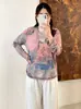 Top de mujer talla grande con estampado de pintura al óleo vintage, otoño 2026, camiseta básica fina de cuello redondo holgada para mujeres talla grande