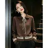 2026 Cardigan de Punto con Solapa Estilo Fair Isle para Mujer Otoño Invierno Nuevo Bloque de Color Versátil Suéter Holgado Abrigo Top