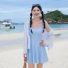 Roupa de Banho Atacado Plus Size para Meninas com Xadrez Pequeno Estilo Vestido Peça Única Manga Longa Proteção Solar Saída de Praia para Estudantes, Roupa de Banho Plus Size 100kg