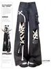 Jeans Rasgados Negros Retro Americanos para Mujer con Estilo Punk Pierna Recta Sueltos Pierna Ancha Pantalones Largos hasta el Suelo
