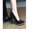 Zapatos de Banquete Elegantes Sexy Negros de Moda Francesa con Vestido Ante Saliva Baja Pedrería Tacones Altos para Mujeres