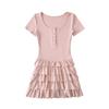 2514-25 Primavera Nuevo Estilo Europeo y Americano Niña Dulce Puro Cuello en U Monopeto Manga Corta Vestido con Costuras