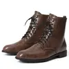 Botas Martin Masculinas Estilo Britânico com Cadarço Botas de Trabalho para Tornozelo Bico Redondo Salto Bloco Solado Grosso Botas de Motocicleta Botas de Couro de Cano Alto Retrô Masculinas