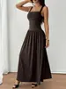 Vestido largo de tirantes, cuello cuadrado plisado, estilo europeo y americano, de cintura alta, fruncido, con bajo amplio, fluido, entallado, elegante