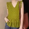Top de chifón sin mangas floral vintage talla extra para mujer, diseño de volantes con cuello en V para verano, top fino de nicho