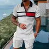 Conjunto de 2 piezas de moda casual para hombre europeo y americano transfronterizo: Polo con cremallera y estampado 3D de manga corta y pantalones cortos