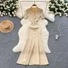 Estilo Elegante y Suave Femenino, Vestido de Seda Hielo Inspirado en Chanel, 2026 de Un Solo Botón Ajustado con Abertura Ol Seda Brillante Vestido Largo