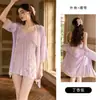 DZ Gui Ruo French Pure Desire Transparente con Copas Doble Capa Cuello en V Camisola Bata Conjunto de Ropa de Casa para Mujer 6562