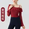 Top de Yoga con Volantes, Mangas Largas de Malla y Almohadillas en el Pecho, Top Deportivo Sexy de un Hombro para Entrenamiento de Pilates y Fitness