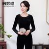 Chen Miaoyan 2024 nova camiseta de manga longa feminina top veludo dourado plus size feminina gola redonda strass camisa básica atacado